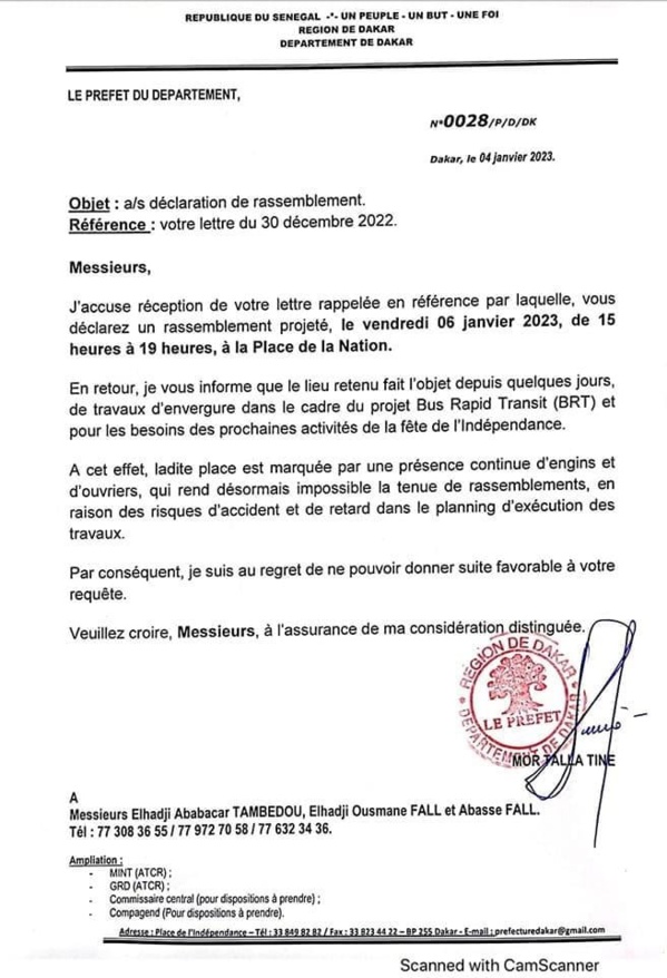 Rassemblement de l’opposition : Le Préfet de Dakar dit niet à Yewwi Askan Wi