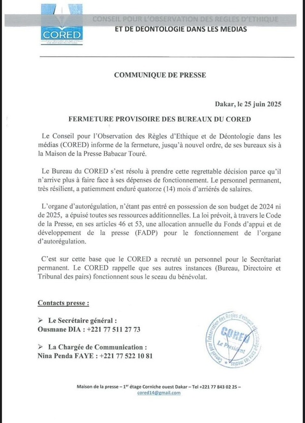 Faute de moyens financiers: Le CORED ferme provisoirement ses bureaux à la Maison de la Presse Babacar Touré